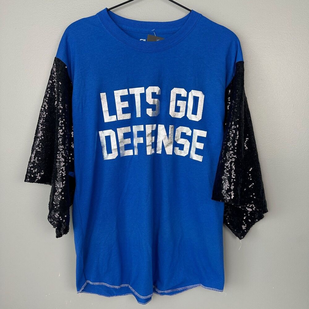 Nwt Handmade Blue Tshirt Sequin Sleeves LETS GO DEFENCE Top Womens Large